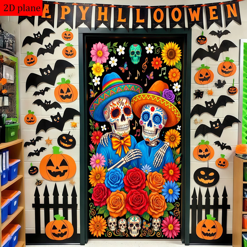 Day of the Dead sugar skulls sombreros flowers music butterflies Door frame decoration with high elasticity elastic band