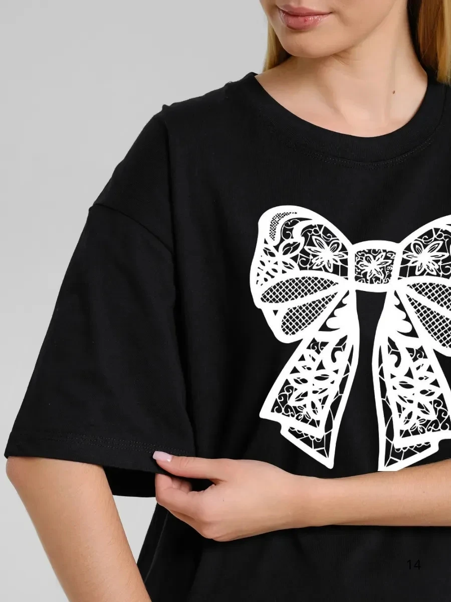 تي شيرت كاجوال فضفاض مطبوع من Faionable برقبة دائرية مع عقدة نسائية من القطن ort Sve ممتص للعرق