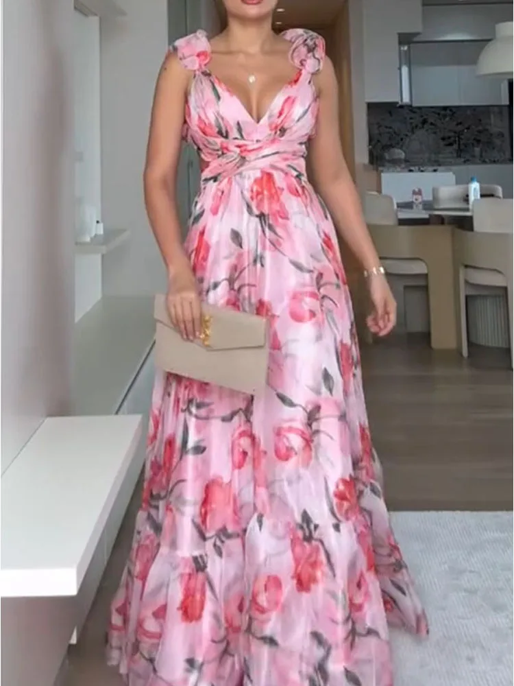 فستان شيفون كشكش جديد لربيع وصيف 2025 أوروبي وأمريكي مطبوع لقضاء العطلات، فستان مطوي للنساء