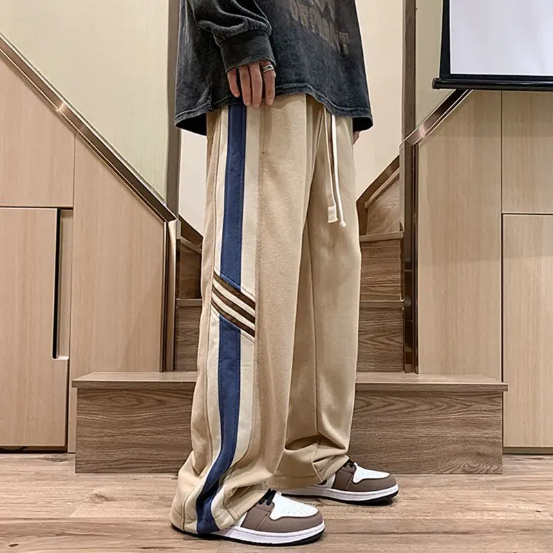 American High Street Summer Hiphop Pants Loose Elastic Band Wide Leg Pants Contrasting Color Splicing Casual All-match Pants