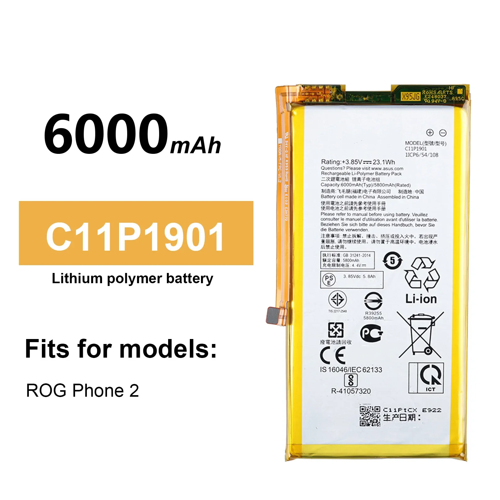 High Capacity C11P1901 ZS660KL I001DB Phone Battery For ASUS ROG 2 Game Phone 6000mAh +Tools