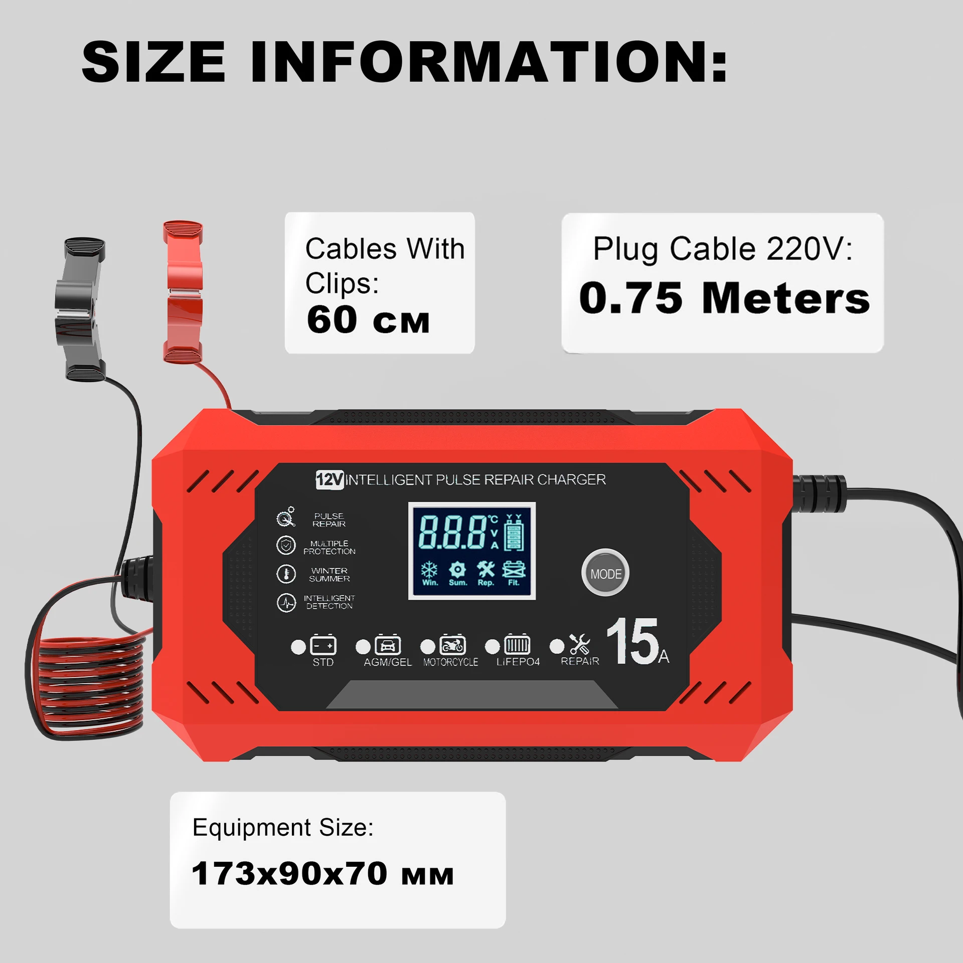 12V 15A Car Battery Charger LCD Display Portable Smart Charger for Auto Motorcycle Truck Lead Acid AGM GEL EFB LiFePo4 Batteries