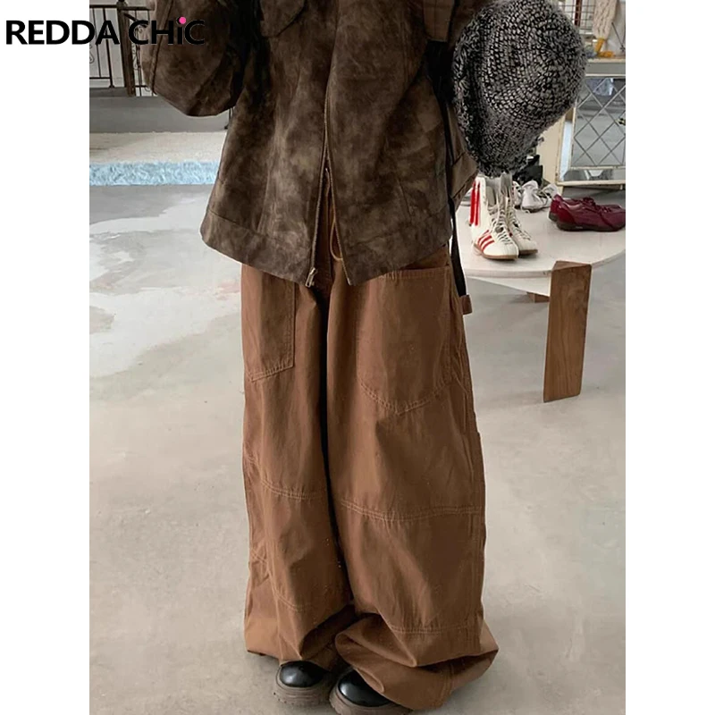 

REDDACHIC Cargo Pockets Solid Horseshoe Pants Men Drawstring Waist Loose Wide Leg Sweatpants Tall Girls Friendly Vintage Clothes