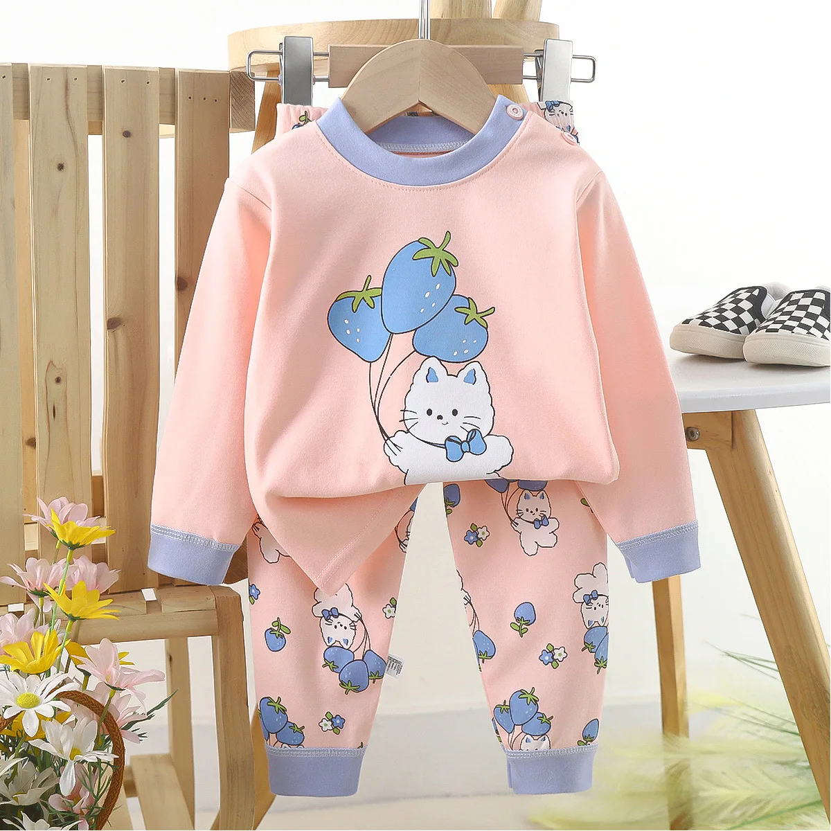 Spring Autumn Boys Girls Cartoon Print Long Sleeve Pajamas Baby Cotton Clothes Set Children Underwear Base Shirt Kids Homewear