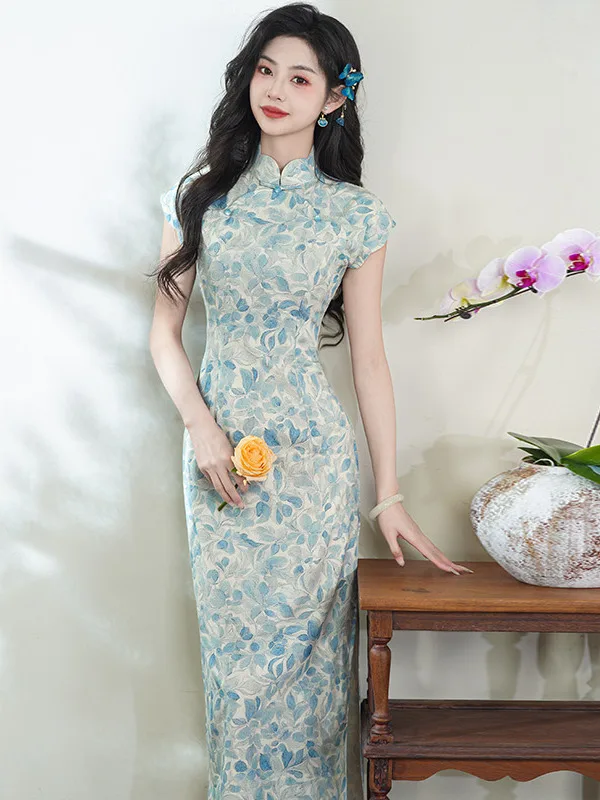 

Young Women's Long ort Sve Retro Chinese Sle Daily Wear Polyester Fiber Low Slit Floral Patterned Traditiona...