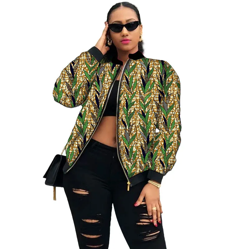African Print Couture Stand Collar Women's Jacket Abstract Pattern Female Ankara Outfit Contrast Color Bomber Coat