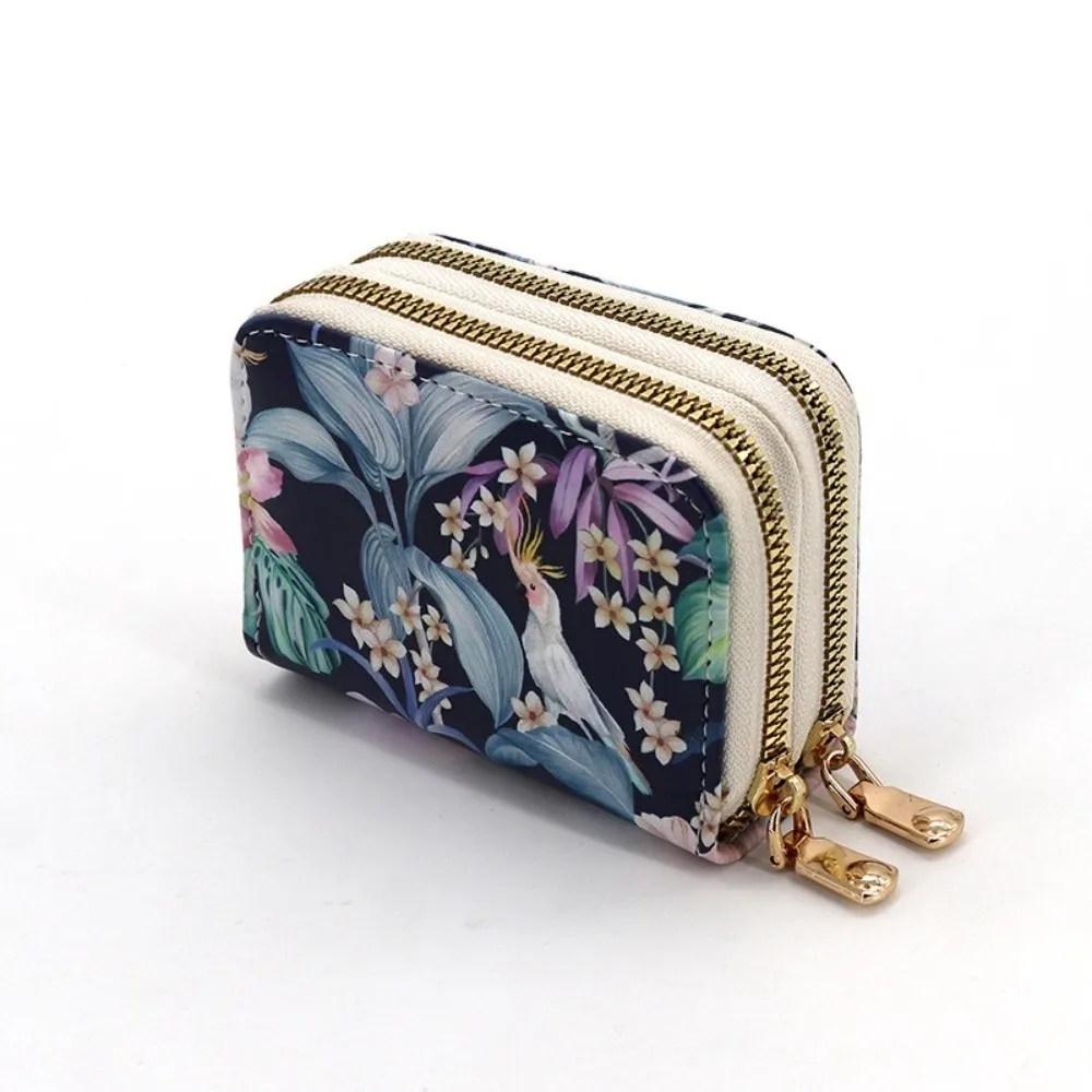 Double Zipper Coin Purse Wallet Anti-Magnetic Multiple Card Slots Card Holder Wallet Large Capacity Flower Printed