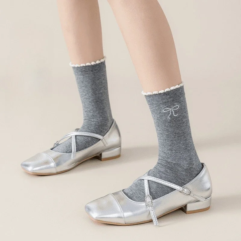 1/3 женские весенне-осенние носки средней длины с кружевным бантом, противоскользящие, впитывающие пот, простые удобные повседневные носки с защитой от запаха