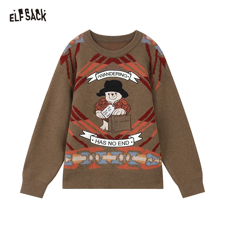 ELFSACK Kawaii Bear Pullover Sweaters Women 2023 Winter Plus Size 2000s Tops