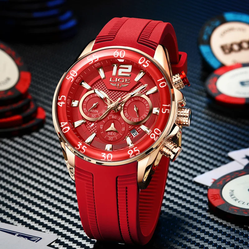 LIGE New Fashion Mens Watches Top Brand Luxury Quartz Wrist Watch Man Sport Red Silicone Watch for Men Reloj Hombre Chronograph