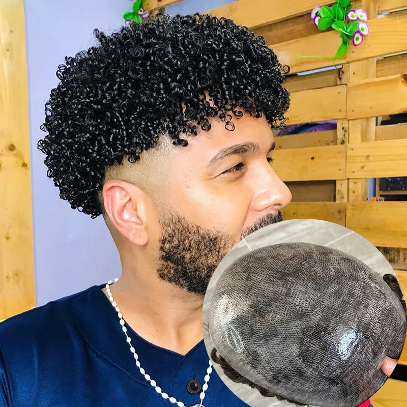 

Men's 12mm Curly Jet Black Prosthesis Durable Micro Skin Full PU Toupee Afro Wave Human Hair African American Male Capillary Wig