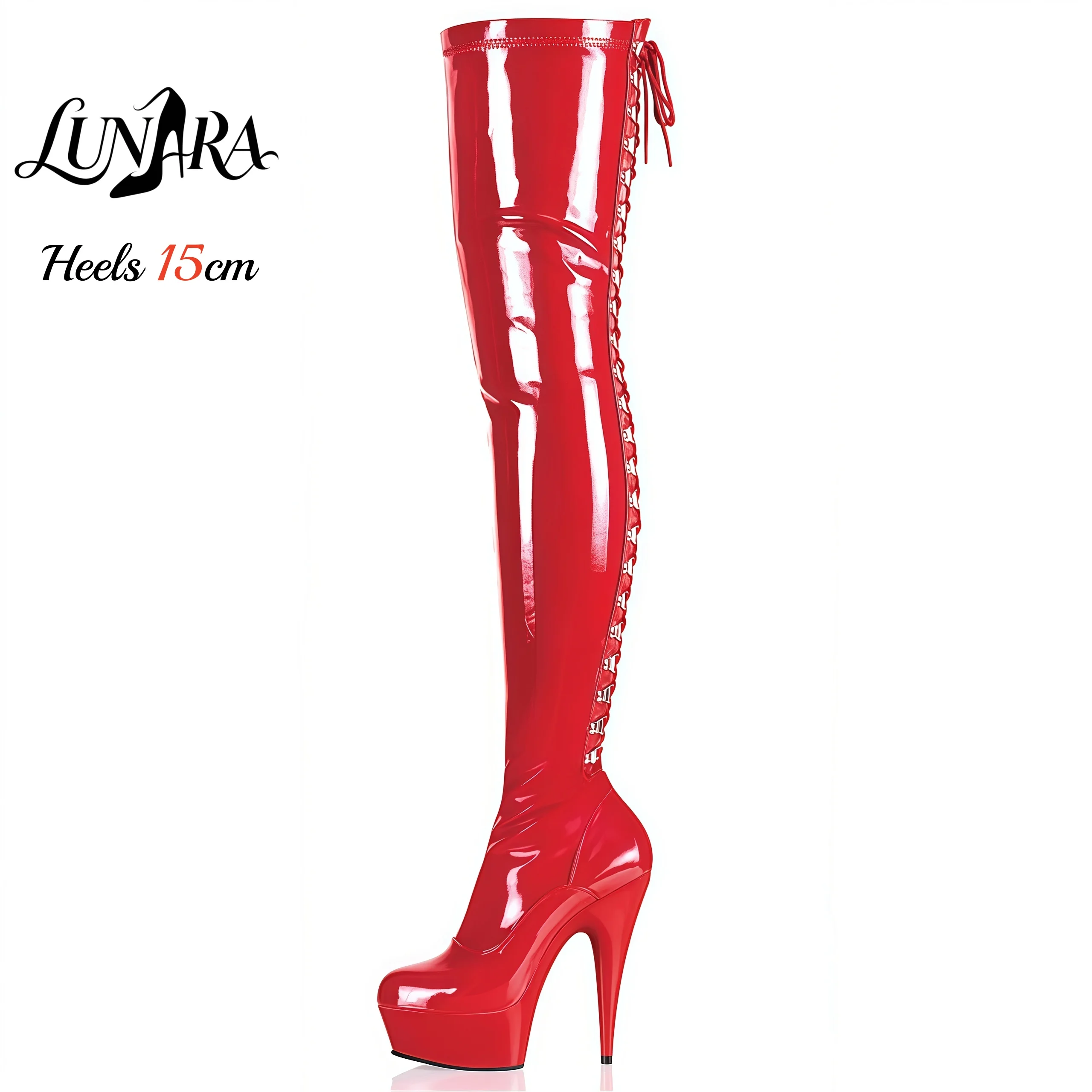 

15cm/6Inch Red Patent High Heel Thigh High Boots Side Lace-Up Zipper Edgy Gothic Performance Pole Dance Ladies Rave Stage Fetish