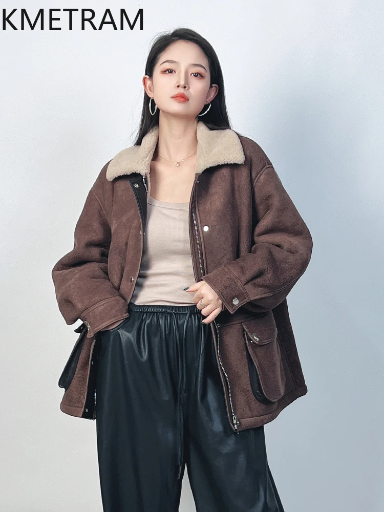 سترة من صوف الغنم الطبيعي مزدوجة الوجه من الفرو للنساء فاخرة بني داكن معطف فرو حقيقي ملابس نسائية شتوية 2025 schuba vrouwska