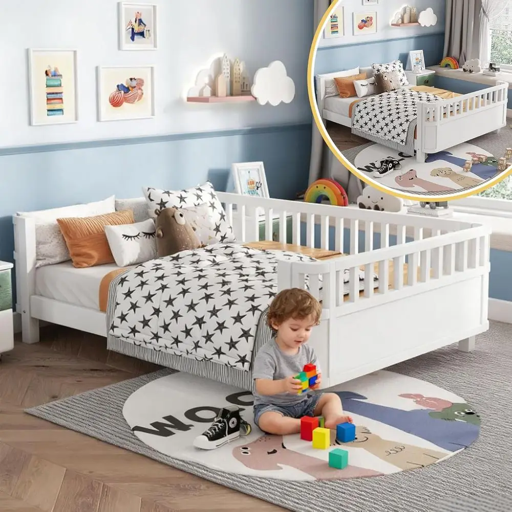 

Low to Ground White Wooden Daybed with Detachable Side Rails for Kids