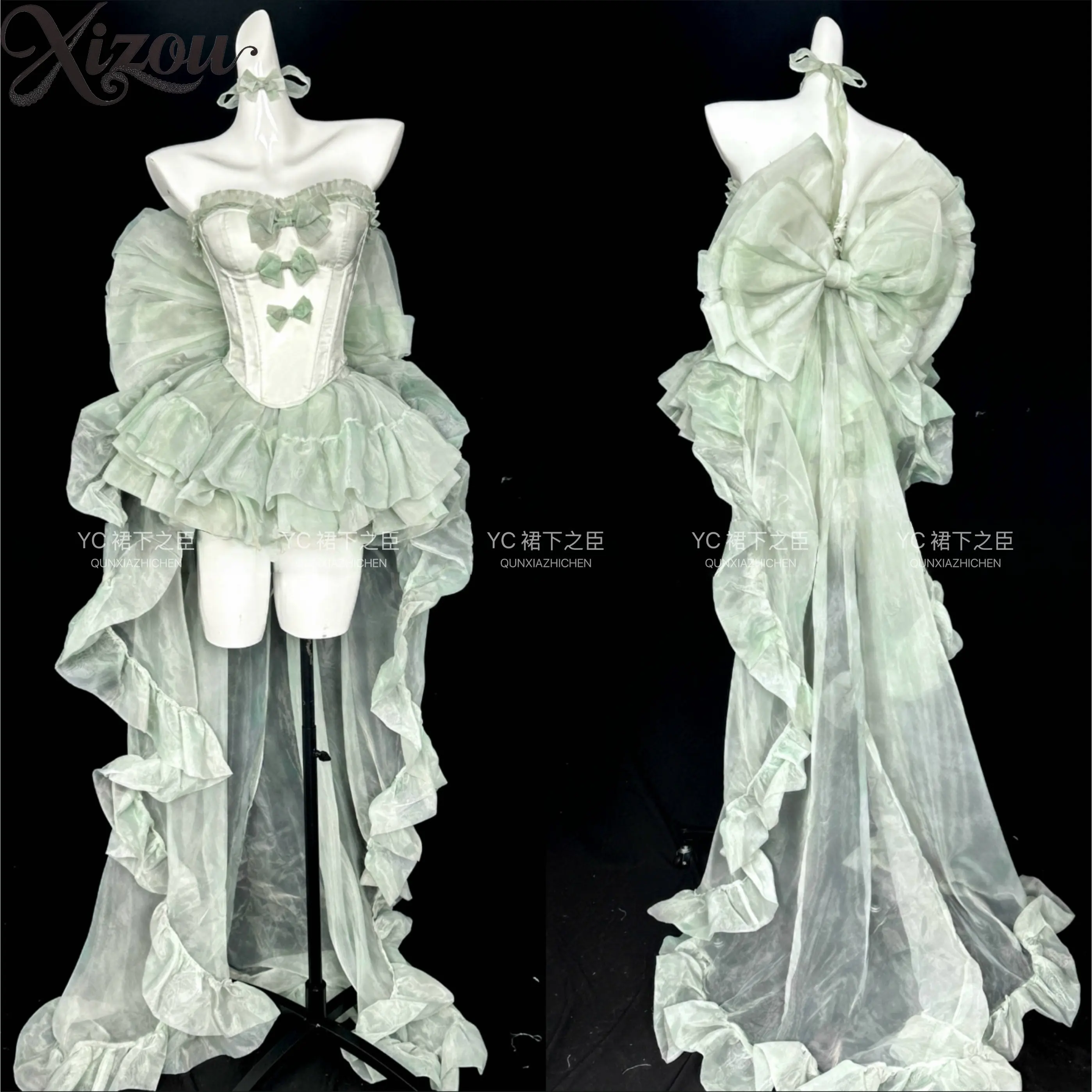 Women Mint Strapless Corset Dress Tiered Ruffle Bow Train High Puffy Sweet Princess Elegant Birthday Spring Summer Outfit 2026