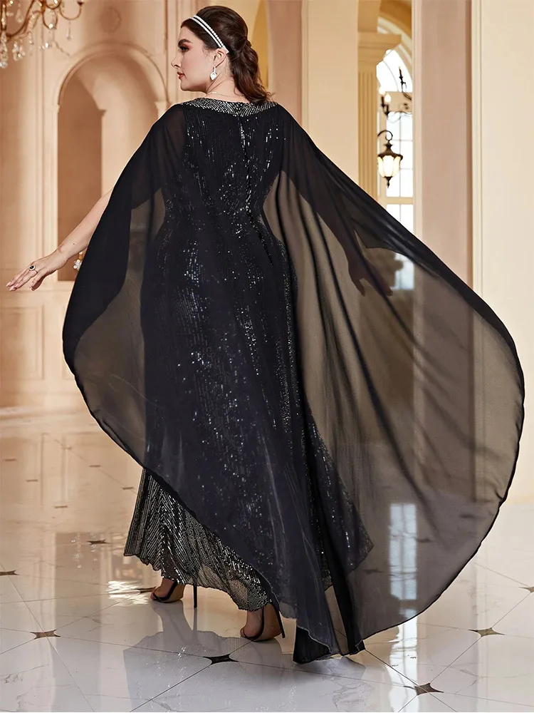 Plus Size V-Neck Silver Striped Black Shawl Floor-Length Wedding Evening Dress 4xl5xl Big Size Black Shawl Prom Gowns Women