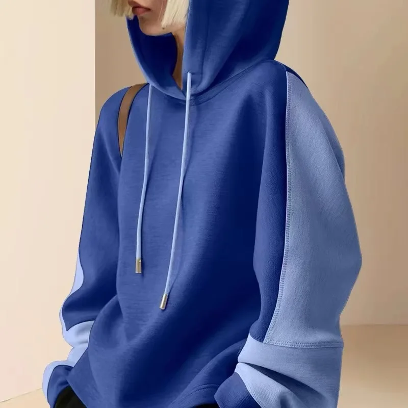 Blue Hoodie Women's Loose Casual Dstring Top Faionable Agel Spring 2024 New Arrival Comfortable Polyester Fiber