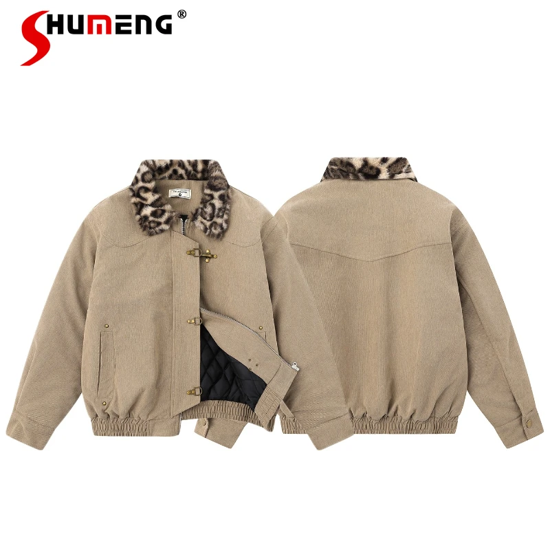

Men Women 2025 Winter New Retro Warm Comfort Parkas Trendy American Style Leopard Print Lapel Tooling Parkas Long Sleeve Coats