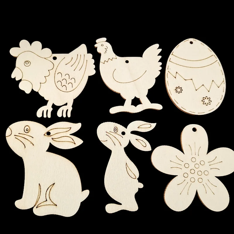 Easter Bunny Egg Wood Slices Wooden DIY Crafts Chicken Hen Flower Happy Easter Wood Decoration Spring Party Supplies 10pcs