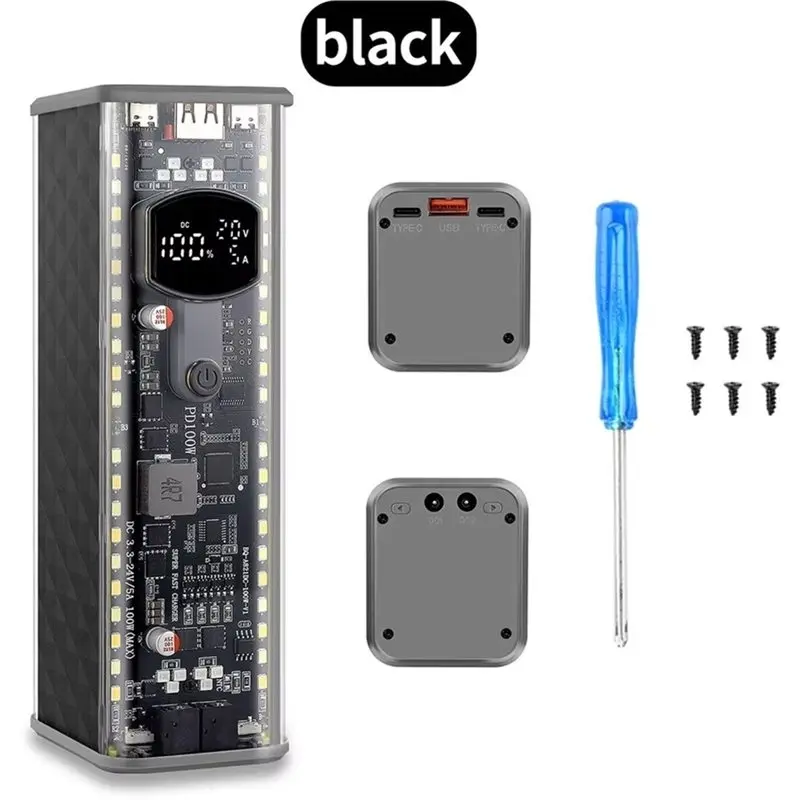 PD100W DC Adjustable Voltage Power Bank Case DIY Kit 8X21700 Transparent Shell No Welding SOS Light Fast Charging