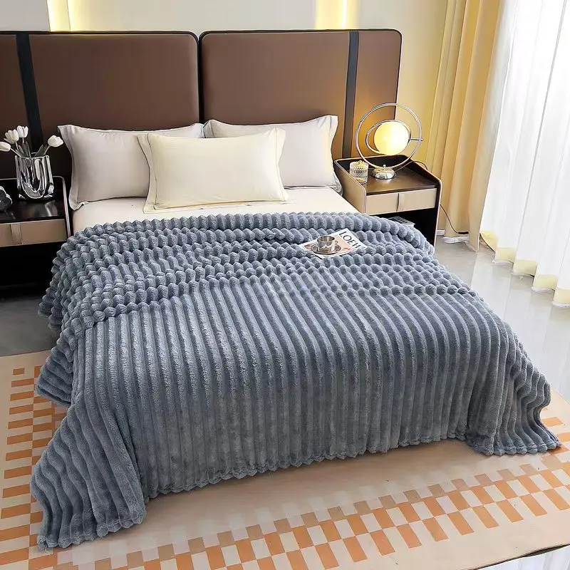 Solid Color Thickened Striped Soft Winter Warm Flannel Multi-functional Blanket Bed sheet For bedroom Cover Blanket Nap Blanket