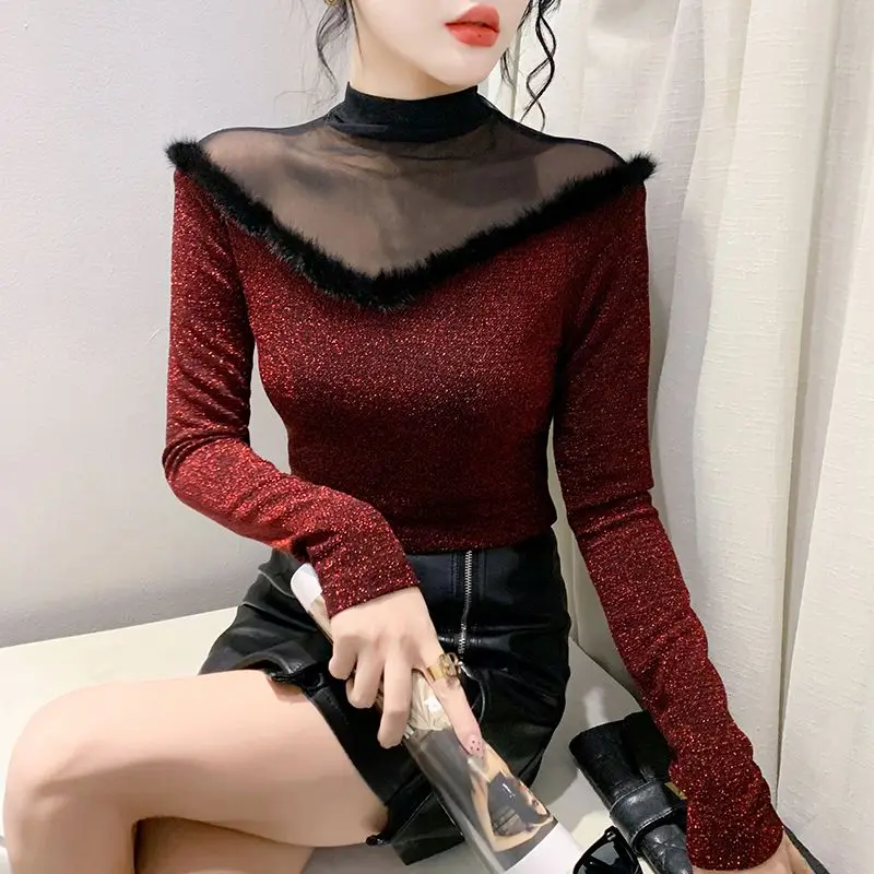 Women Clothing Stylish Sexy See Through Mesh Patchwork Basic T-shirt Elegant Bright Silk Half High Collar Long Sleeve Slim Tops