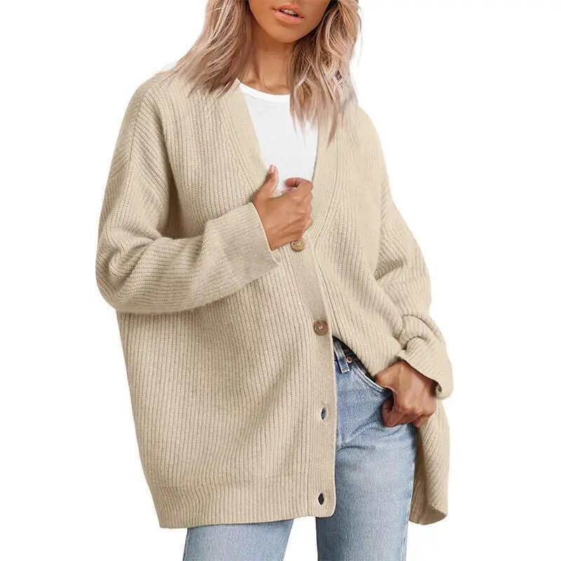 

European American Women Knit Sweater Fashion Simple Versatile V Neck Plain Color Button Cardigan Crew Neck Cotton Knit Sweater