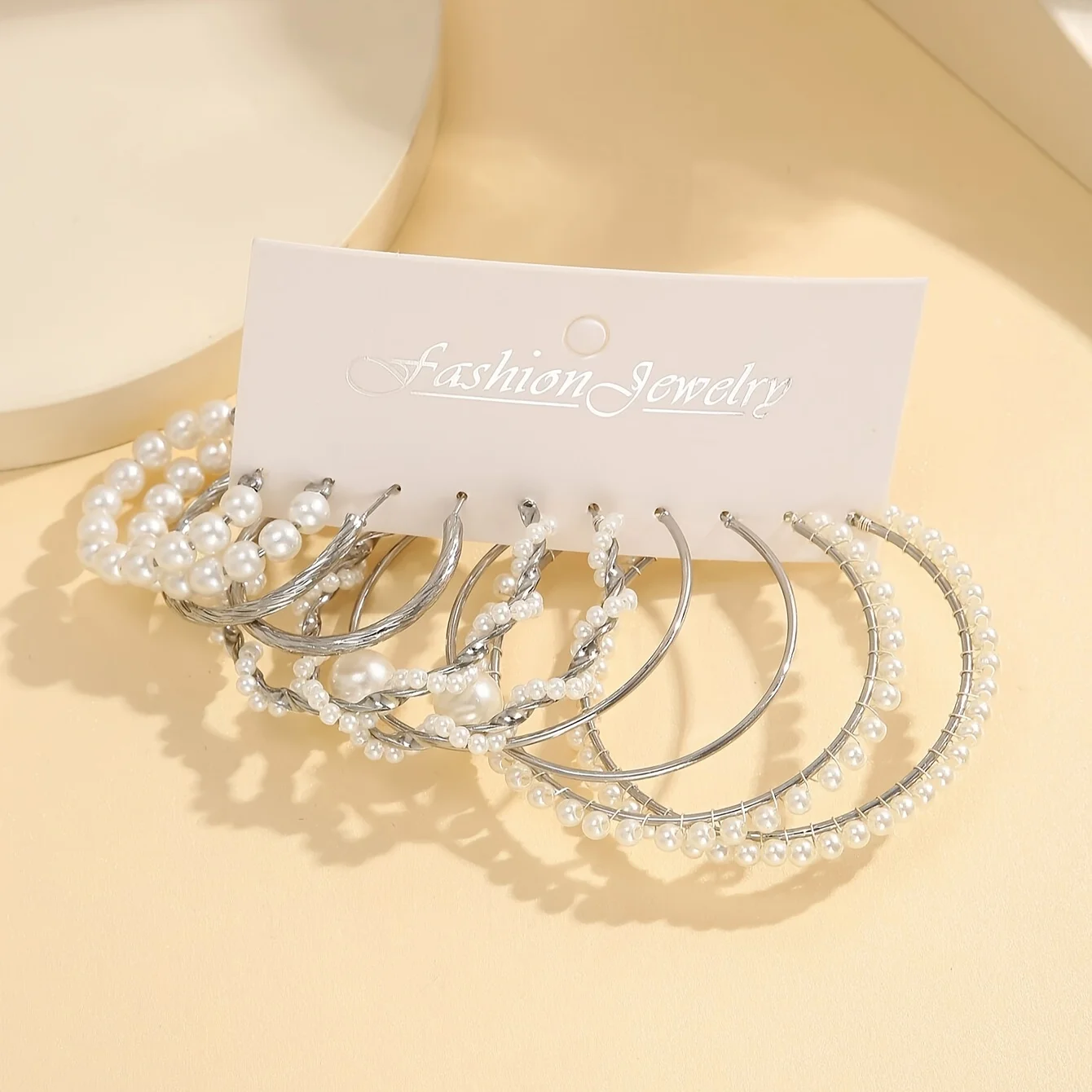 Fashion women's round earrings set, imitation pearl plated K gold jewelry gift image 4