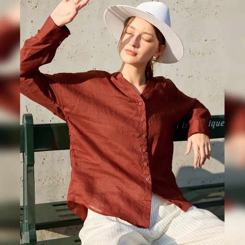 100% Ramie Women's V-Neck Shirt Vintage Long-Sleeve Blouse Summer New Vacation Lightweight Sun-Protective Shirts