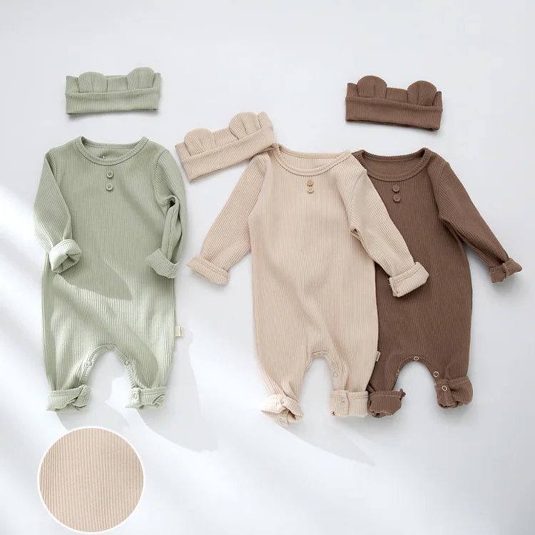 Newborn Boy Romper New Ins Spring Autumn Solid Long Sleeve Exterior Cotton Horn Button Infant Boys Jumpsuit Newborn Boy Bodysuit