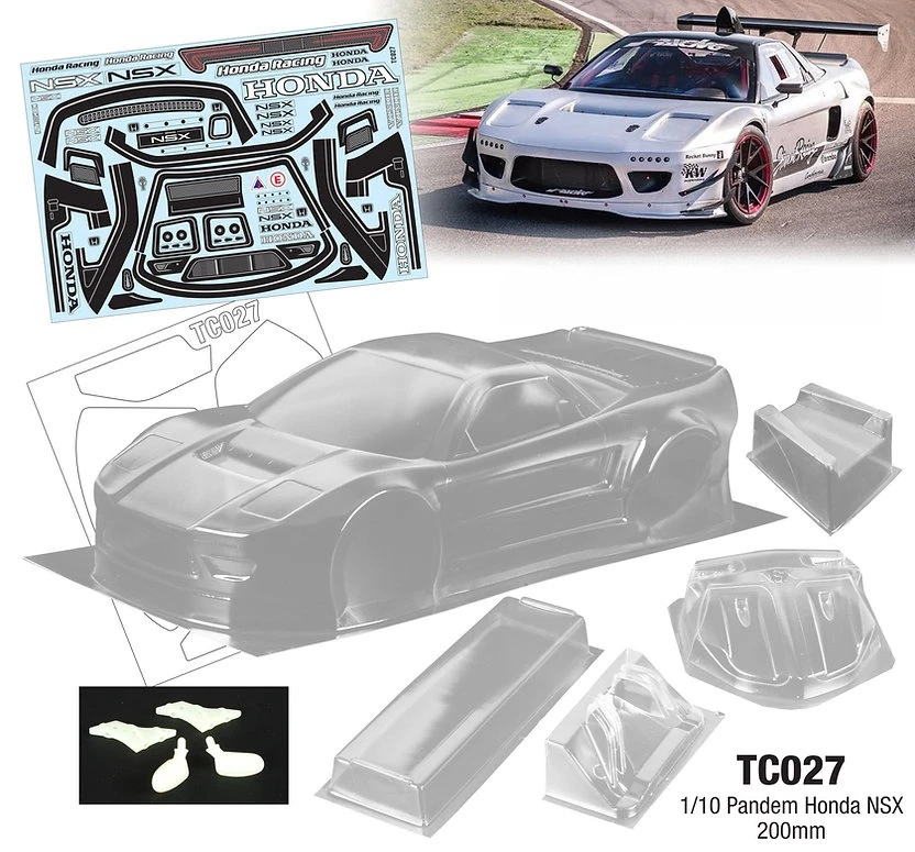 TC027 1/10 Honda NSX Clear Lexan Body shell 200mm W/Rear Wing + Mirrors/Light Buckles for RC Drift Car Tamiya tt02 Kyosho Yokomo