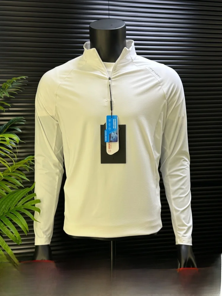 

Leavo Johnson Cool Sensation Tech Fabric Spring Summer Men's Elastic Breathable Sports Casual Half Zip Long Sleeve T-Shirt