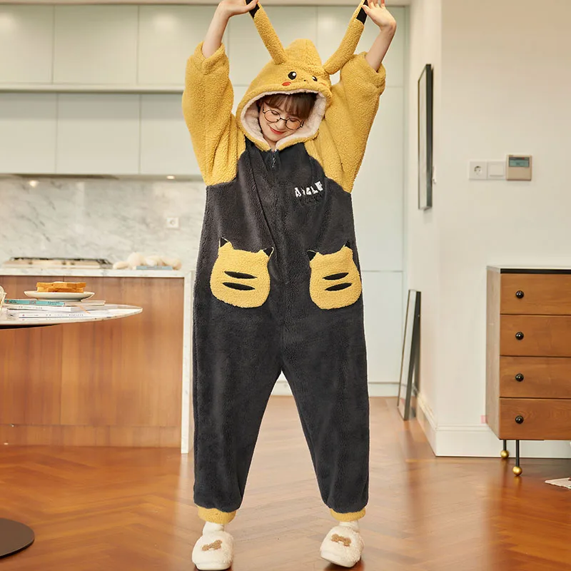 Kostum Piyama Hangat Hewan Dewasa Onesie Kartun Cosplay Wanita Jumpsuit Satu Potong Piyama Kigurumi Jubah Pakaian Rumah Ukuran Plus