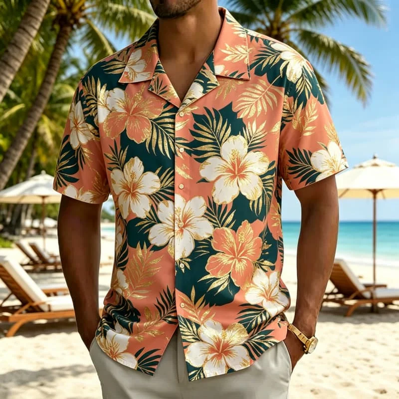 Men's hot stamping tropical plant floral print Hawaiian shirt, for summer vacations, beach parties, daily dressing