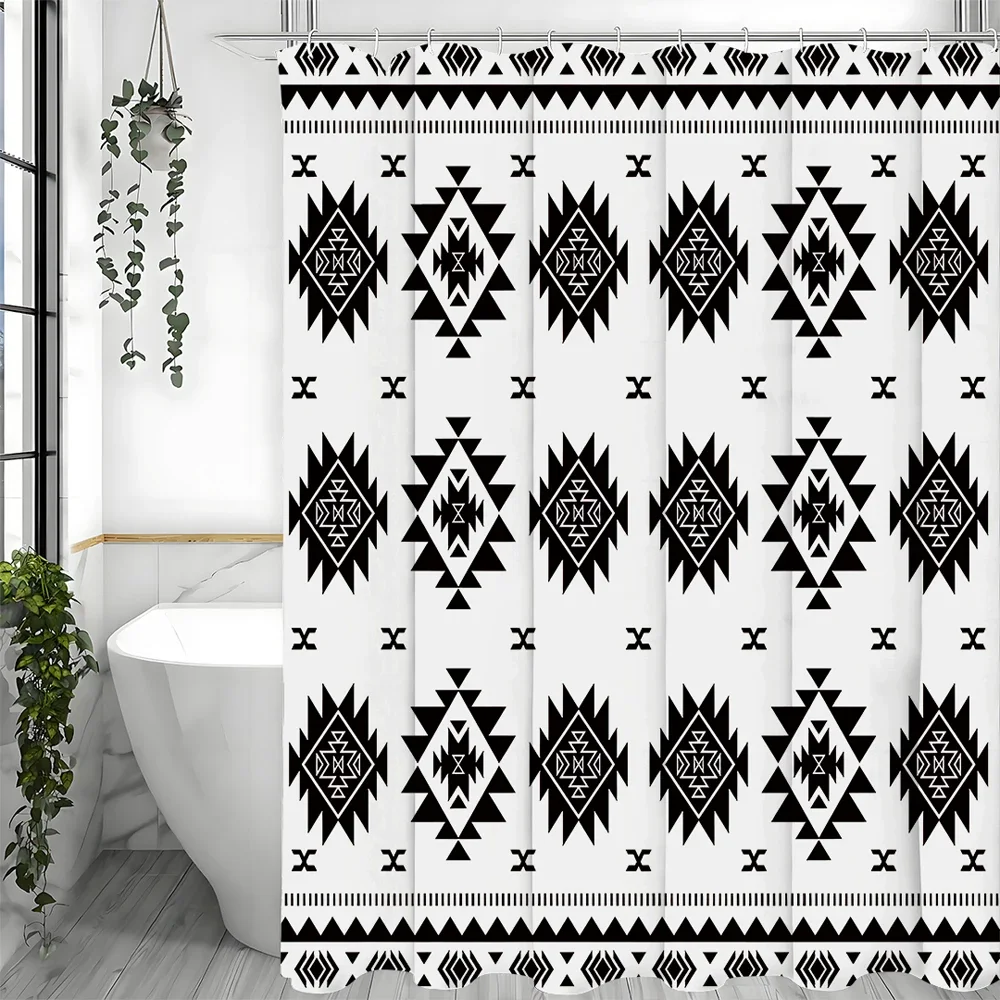 

Черно-белая занавеска для душа Юго-Западный родной узор Племенное навахо Набор занавесок для душа Юго-Запад Богемное ацтекское геометрическое шоу