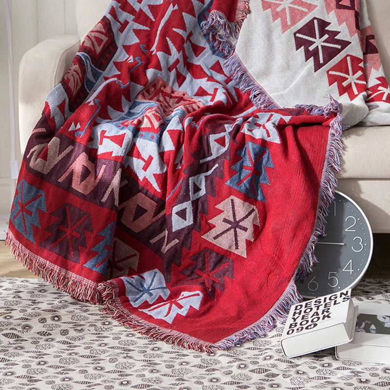 Ethnic Tassel Polyester chemical fiber Blanket, Anti Slip Thickened Carpet Sofa Cover Lunch Break Photography Props Pastoral 1Pc