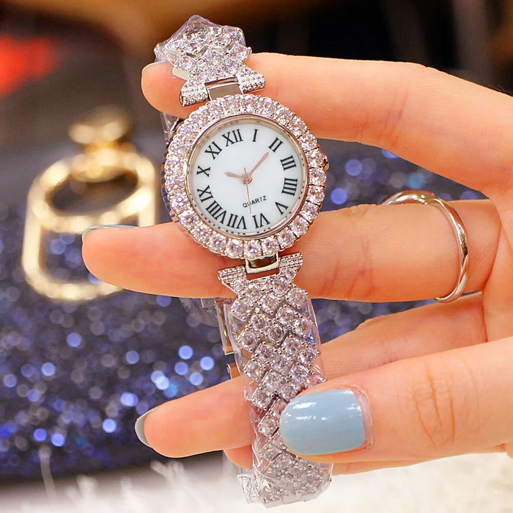 2pcs Luxury Women Rhinestone Rose Gold Watch Fashion Ladies Quartz Diamond Wristwatch Elegant Female Bracelet Watches Set Gift