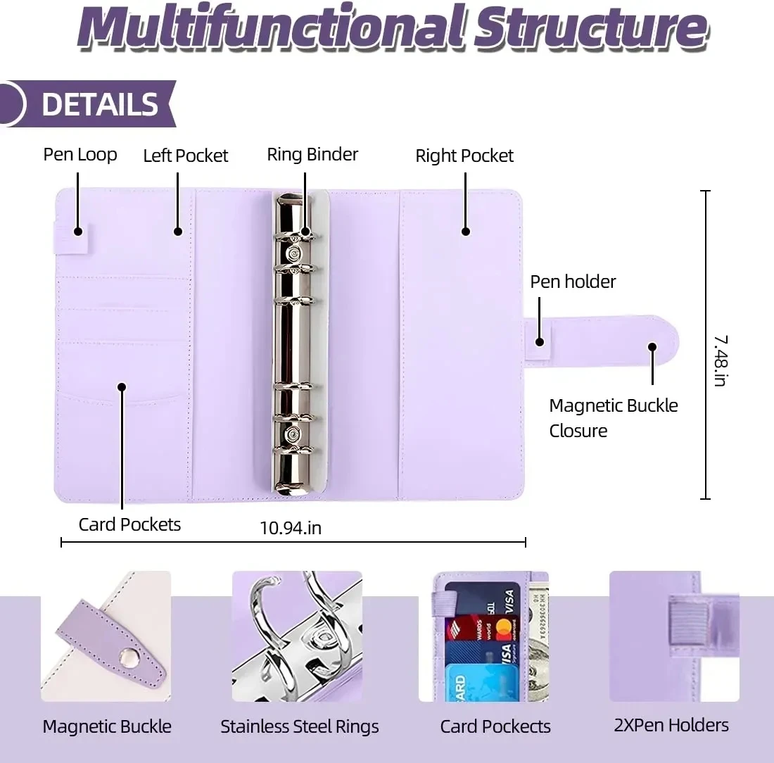 A6 Binder Budget Planner Notebook Covers Folder A6 Size 6 Hole Binder Pockets Plastic Binder Zipper money saving envelope