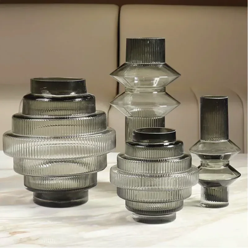 Modern Personality Gray Glass Countertop Vase Creative Modeling Living Room Flower Arrangement Home Decoration Accessories