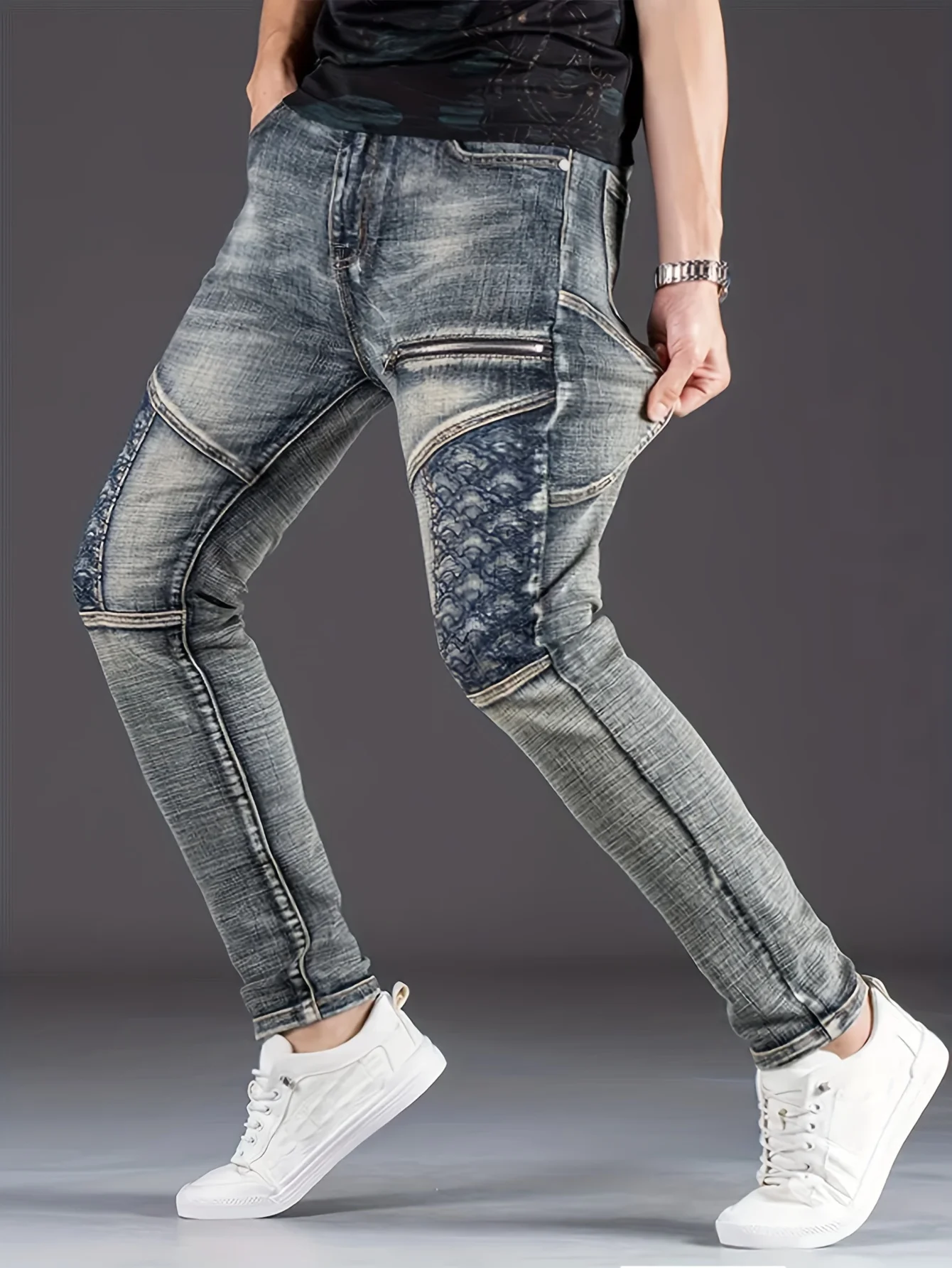 

Nostalgic Trendy Motorcycle Men's Jeans Slim Fashion Patchwork ​​Washed Denim Pants Streetwear Elastic Casual Trousers
