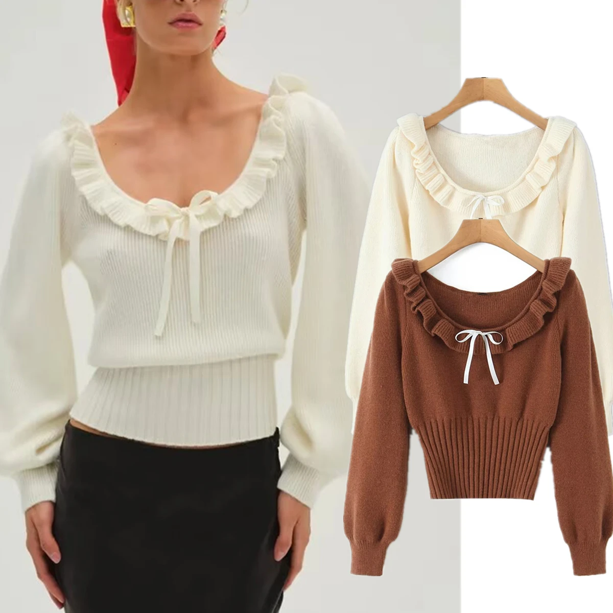

Dave&Di French Vintage Lazy Autumn Winter Ruffled Sweater Bow Elegant Collect Waist Sweater For Women Pullover Tops