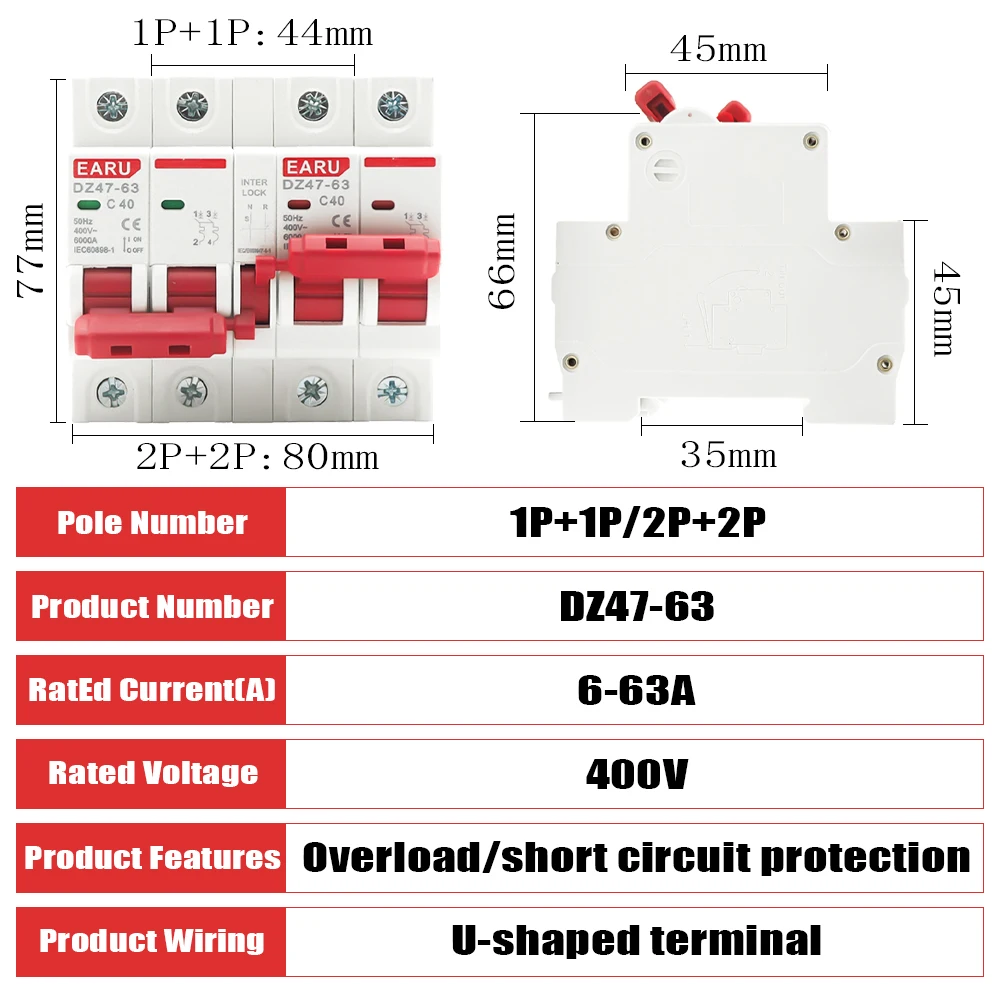 1P+1P 2P+2P MTS AC Dual Power Manual Transfer Interlock Circuit Breaker Din Rail Isolating Discounnecting Switch MCB 40A 63A