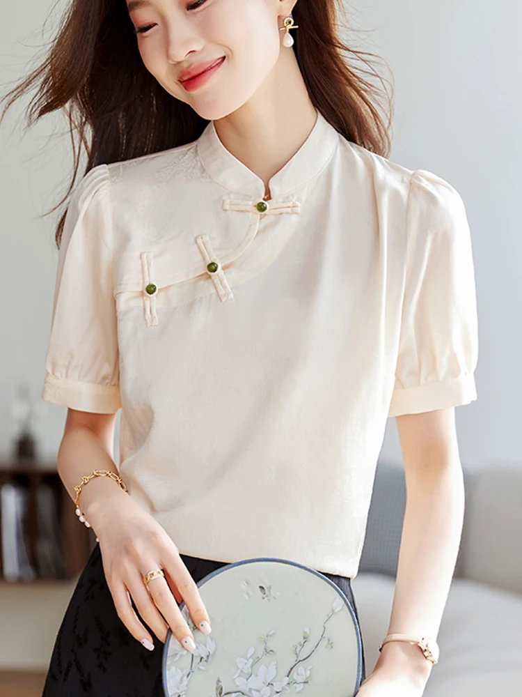 

New Chinese Sle Acetate Women's irt Summer 2024 Ele Satin ort Sve Button up Top Korean Loose Fit Color