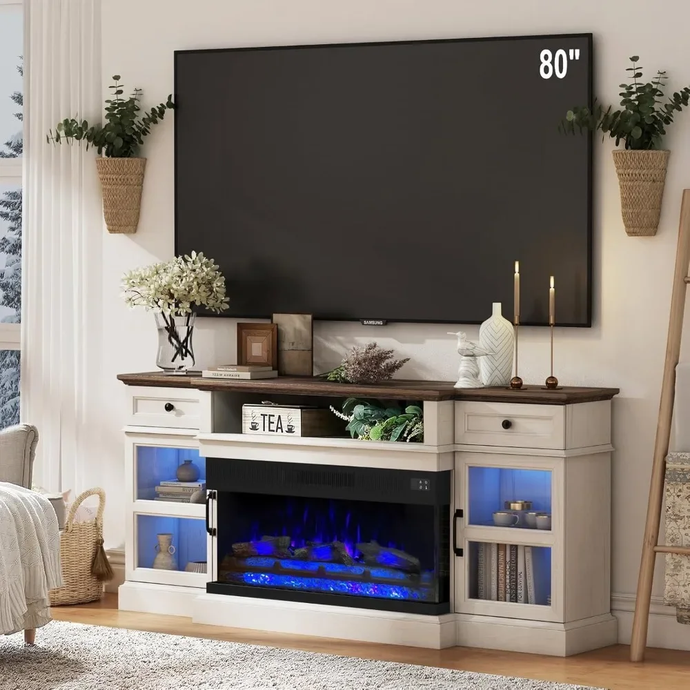 TV Stand for TVs Up To 80 Inch with 36 Inch 3-Sided Electric Fireplace, 2 Storage Drawers and 2 Cabinets, Fireplace TV Stand