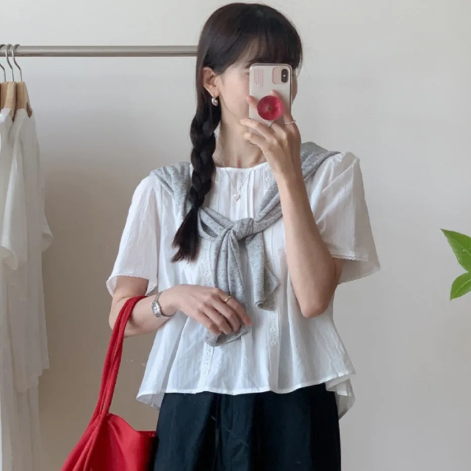 Sweet Sle Lace Trim Blouse Women's Spring Summer Fre Youthful Doll irt Gathered Paneling Romantic Forest Girl Gentle