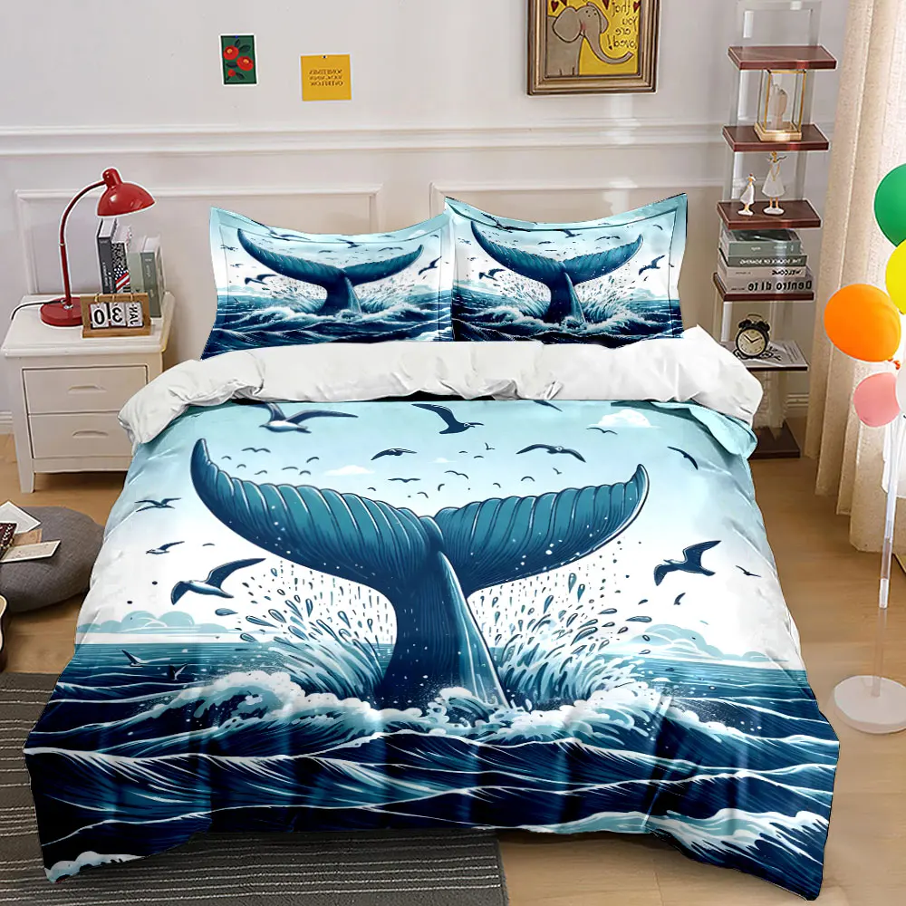 Majestic whale tail amidst waves Bedding Set for Kids Luxury Gift 3pcs Digital Print Comforter Set Soft Comfortable Breathable