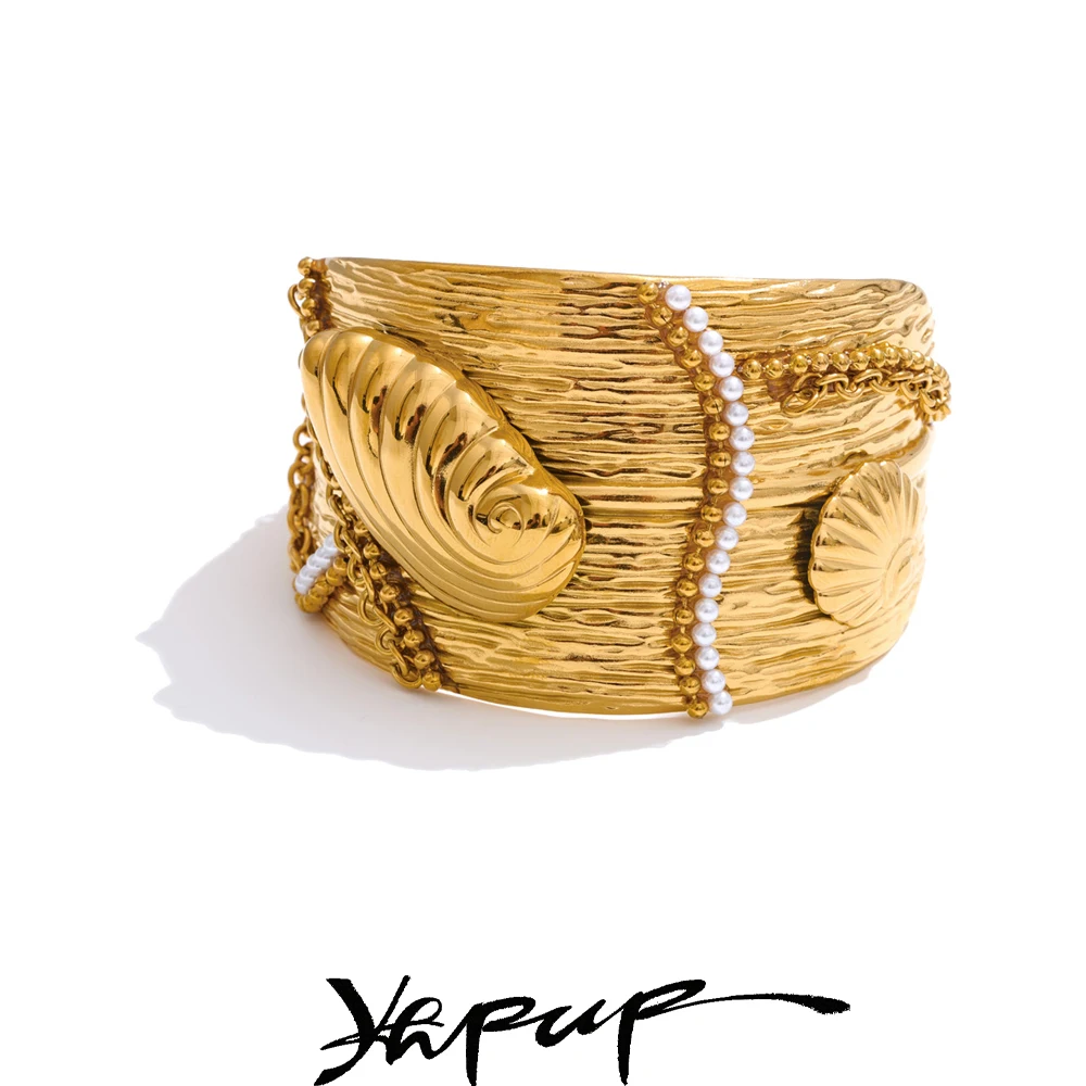 Yhpup 58mm Stylish Stainless Steel Wide Ocean Conch Shell Open Big Bracelet Bangle Summer Holiday Beach Statement Golden Jewelry
