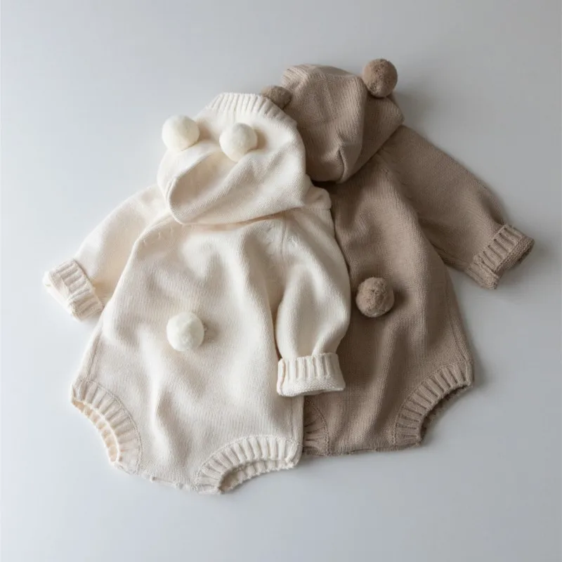 Baby Girls Ins Autumn Winter Romper Knitted Ear Single Breasted Newborn Girl Jumpsuit Solid Stretch Infant Boys Hoodie Bodysuits