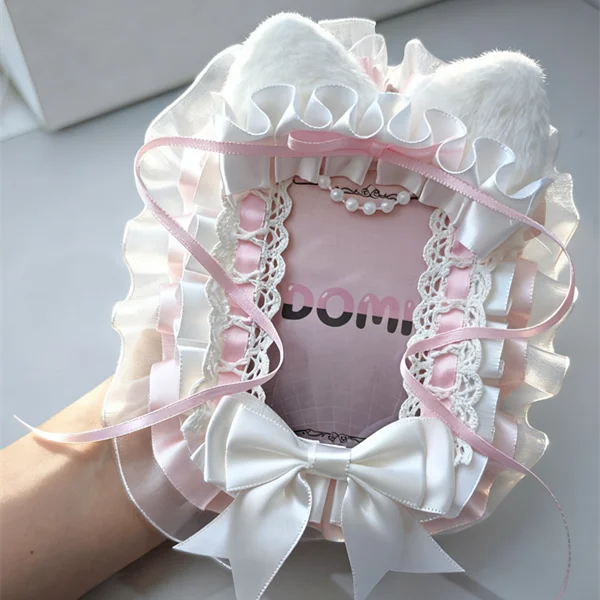 Handmade White Pink Cat Ear Photocard Holder, Ribbon Bow & Ruffle Lace Trim, 3-inch Clear PVC Pocket, Hanging Chain, Decorative Sleeve for KPOP Idol Anime Polaroid Cards, Fan Collectible Supply