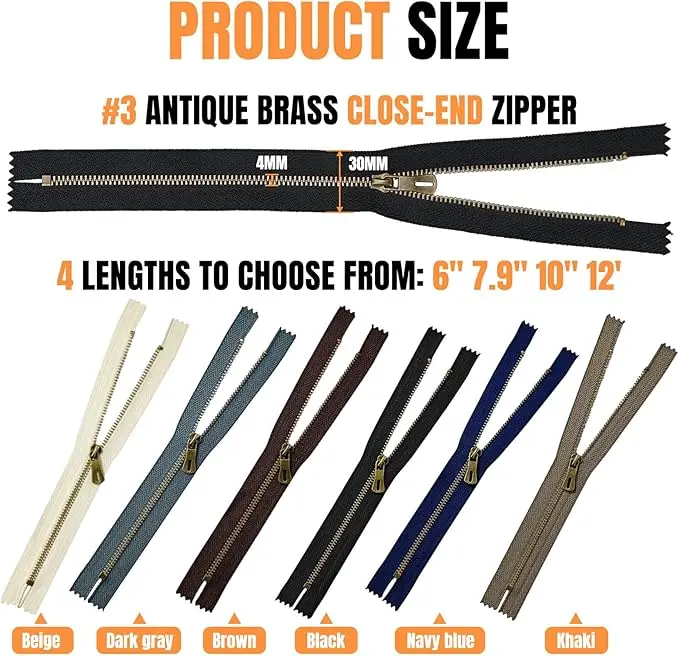 

1/2/3/5Pcs 3# Metal Zippers 15/20/25/30cm Brass Close-end Non-Separating Zipper Bags Pockets Sewing Inseparability Zip Repair
